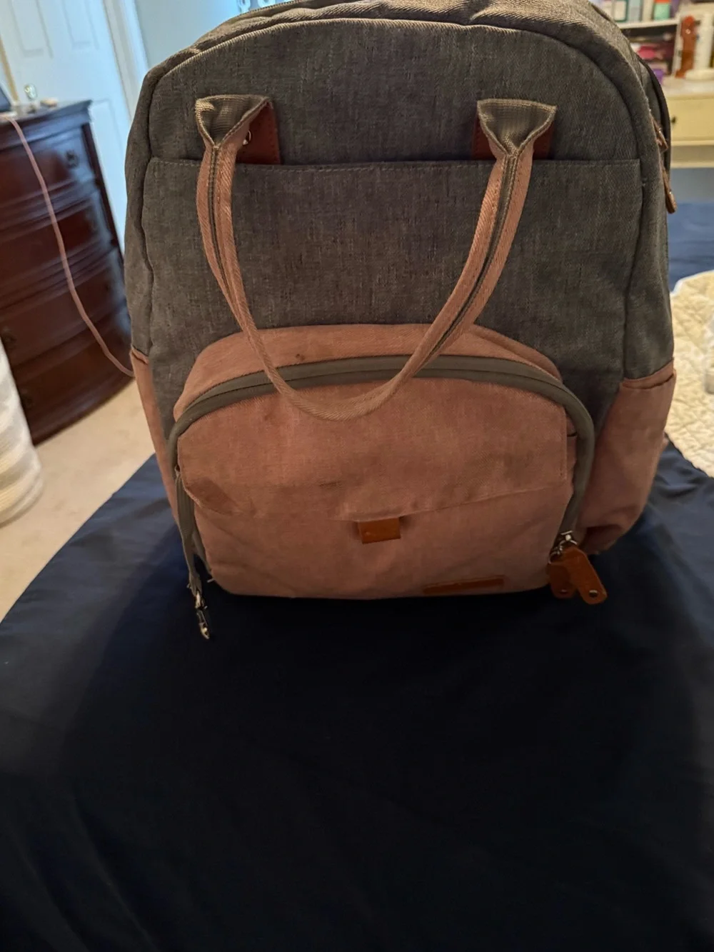 Two-Tone Gray and Dusty Pink Canvas Diaperbag